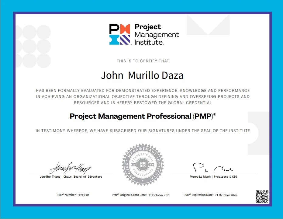 Certificación PMP de John Murillo