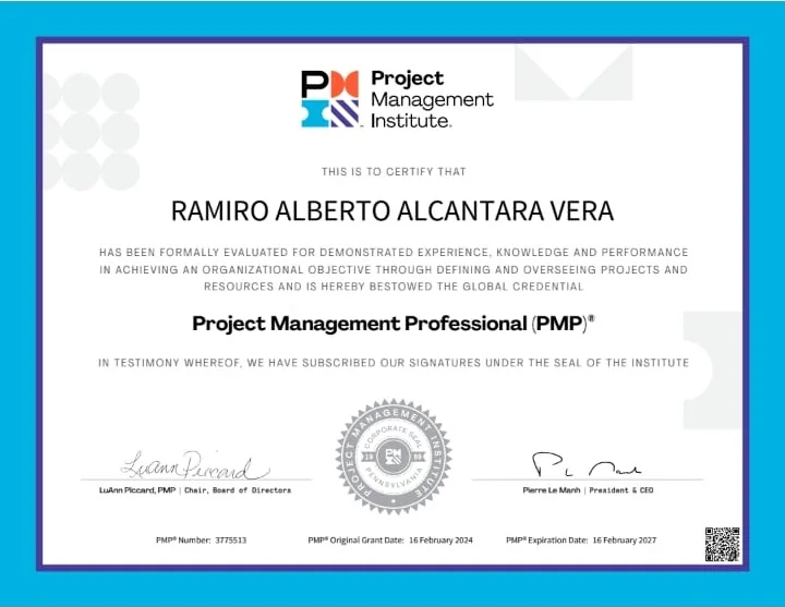 Certificación PMP de Ramiro Alcántara