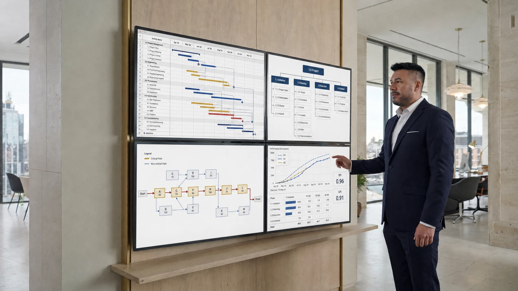 Giancarlo supervisando un Gantt, una EDT, una ruta crítica y el control de desempeño del proyecto